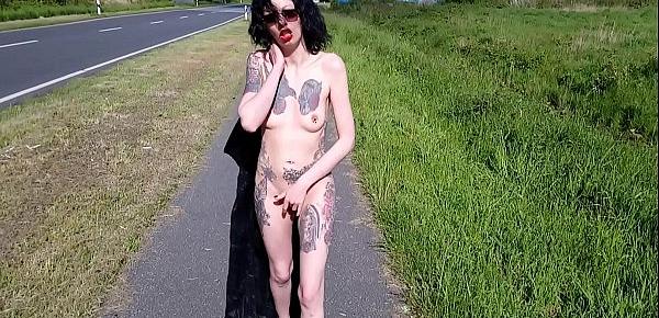  Slut Lucy Ravenblood walking nude at a public road